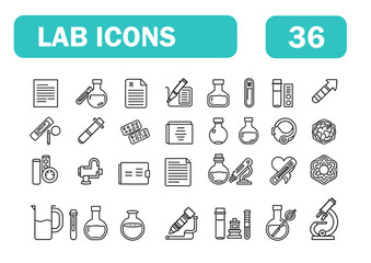 Set of 36 line icons related to lab report, laboratory, medical test, medical check, health checkup, beaker, microscope, science research, Editable stroke. Vector illustration .eps
