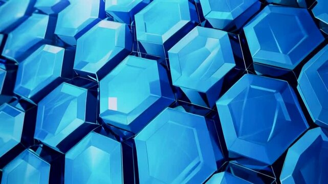 Abstract close-up of a blue hexagonal pattern with light reflecting off the faceted surfaces, creating depth and texture.