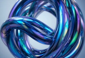 Close up of an abstract shiny metallic blue and purple twisted torus shape with reflective surface