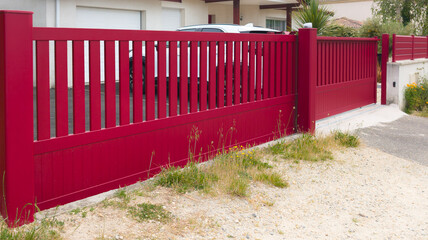 door red high burgundy modern entrance slide steel gate aluminum modern portal of home suburbs...