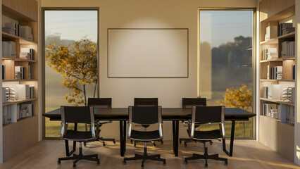 Blank frame or board on wall between glass doors of a wooden floor meeting room with scenery outside