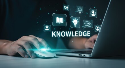 Online Learning Knowledge Acquisition Person Using Laptop and Mouse Digital Education Concept