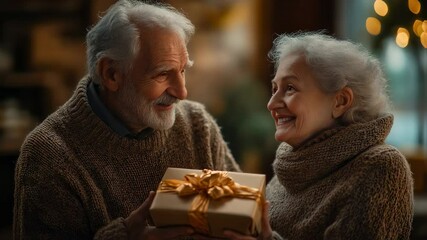 Loving senior couple exchanging gift in cozy indoor setting, illuminated backdrop - Powered by Adobe