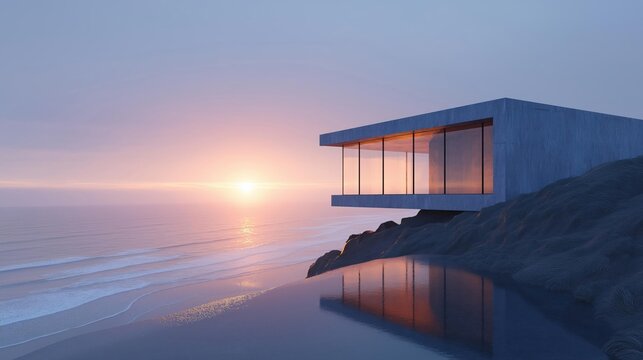 Fototapeta Modern concrete building on a cliff overlooking the ocean at sunset. the building has a rectangular shape with large windows on the right side, allowing natural light to enter the space.