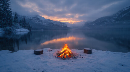 Cozy winter campfire near snow-covered lake at twilight