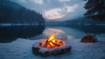 Cozy winter campfire near snow-covered lake at twilight