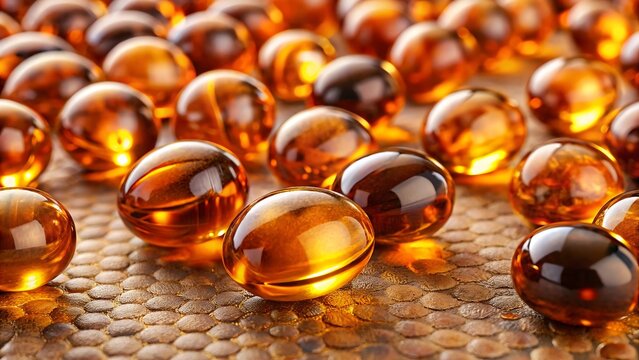 Close up of golden gel capsules on a textured surface creating a pattern with a focus on health and wellness