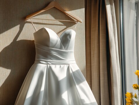 Elegant wedding dress display bridal suite fashion photography soft lighting close-up romantic aesthetic