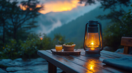 Lantern-illuminated breakfast in nature just before sunrise