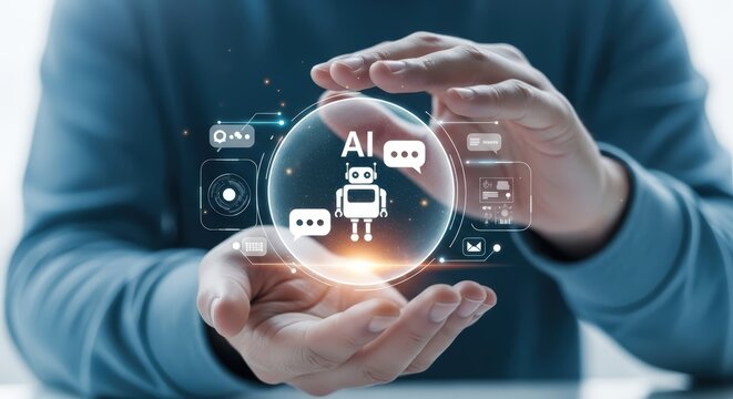 Person demonstrating AI technology robot icon futuristic interface digital innovation modern