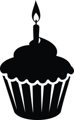 Minimalist birthday cupcake silhouette with candle on white background celebration design