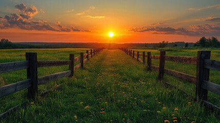Fototapeta premium Rustic wooden fence stretching through grassy field at golden sunset