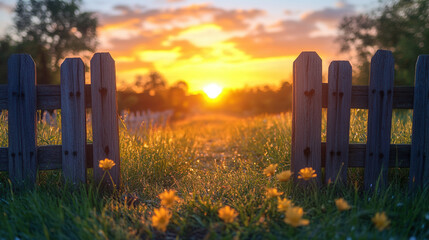 Rustic wooden fence stretching through grassy field at golden sunset