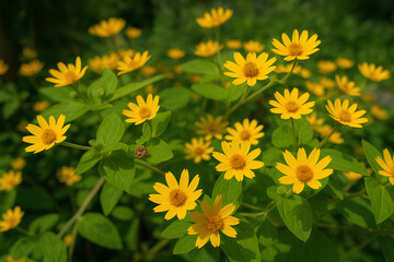 Obraz premium Vibrant Yellow Flowers Blooming in Lush Greenery A Close-Up View
