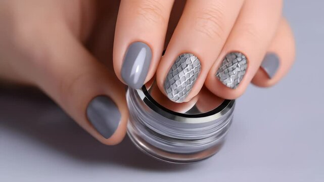 Gray nail polish snake skin pattern manicure hand nail art fashion beauty modern style elegant design creative expression with silver accent and textured nail art female hand showcasing stylish look