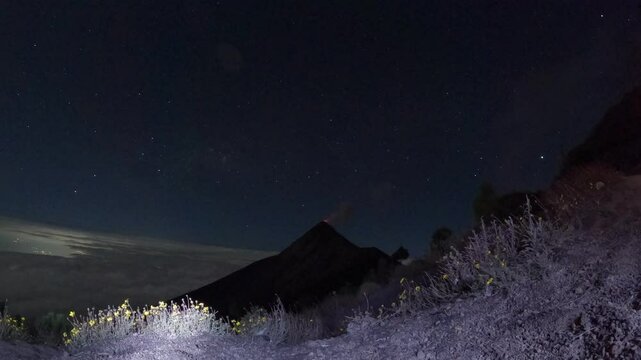 Timelapse of Guatemala&rsquo;s Fuego Volcano erupting through the night into sunrise, capturing glowing lava, volcanic activity, and the dramatic transition from darkness to dawn.