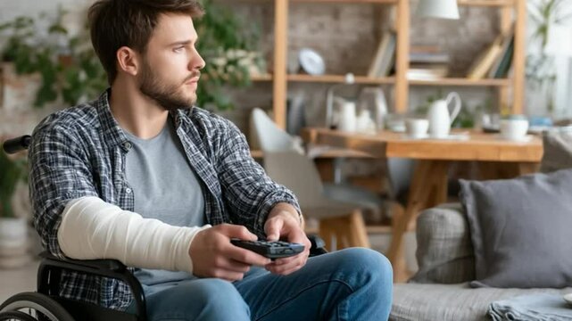 Injured man in Wheelchair: A man with a bandaged arm sits in a wheelchair. Inside the room he is holding a remote and looking out, the image depicts the challenges of recovery