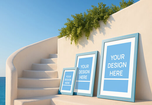 Outdoor Frame Mockup With Modern Blue Frames On Sunlit Stairs