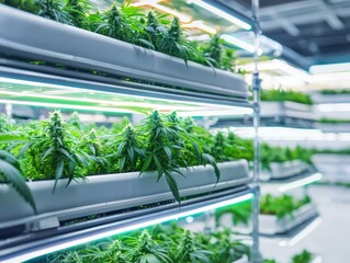 Cannabis and hemp innovation concept. Indoor plant cultivation with sleek shelving and bright lighting.