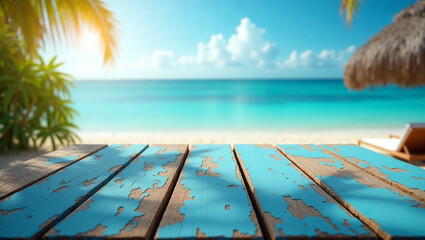 Empty table in front of tropical landscape. for product display