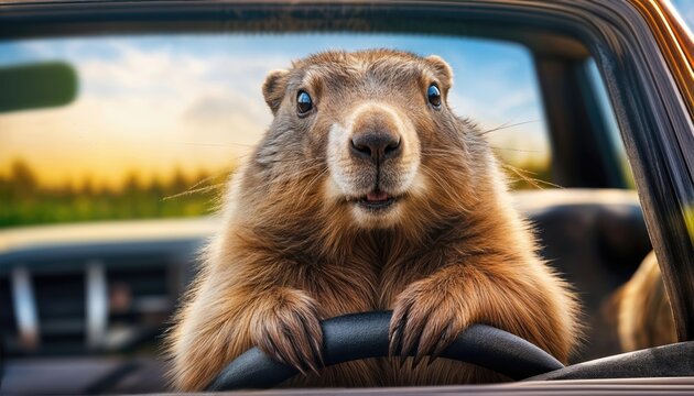An Unusual Sight A Groundhog Behind the Wheel of a Car in a Fantastical Landscape, Depicting Playful Whimsy and Dreamlike Imagination.