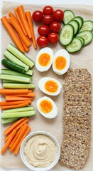 Colorful vegetable platter with eggs, hummus and rye crackers on beige paper