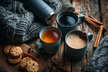 Flat lay of ceramic mugs filled with autumn-themed hot drinks and cinnamon sticks