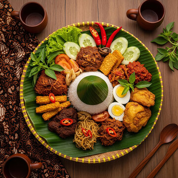A high-resolution food photography of traditional Indonesian dishes beautifully arranged on a banana leaf over a woven bamboo tray. The main dish is nasi tumpeng surrounded by side dishes like rendan