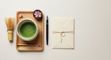 Elegant composition with matcha tea, writing set, and delicate flower accents