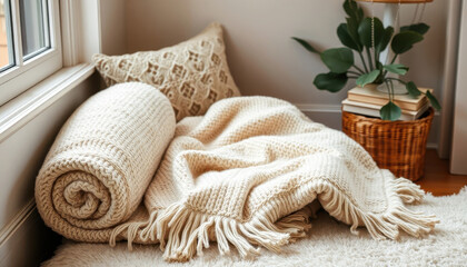  Cozy Reading Nook with Knitted Blanket and Pillows by Window - Hygge Home Interior
