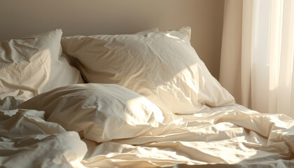 Unmade Bed with White Linen and Soft Morning Light - Cozy Sleep and Relaxation Scene