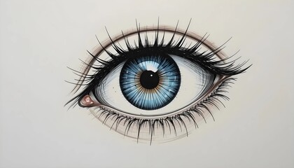 A detailed illustration of a human eye with vibrant blue irises, surrounded by long, elegant eyelashes, set against a clean white background.