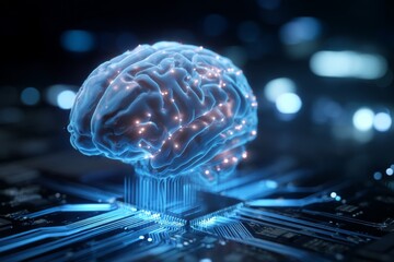 A human brain merging with circuitry, symbolizing artificial intelligence powered processor on a computer