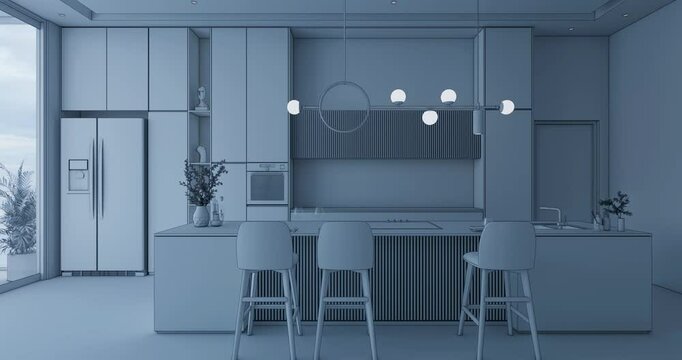 Modern Luxury Kitchen Animation with Beige Color and White Marble, Lighting Transition 4K