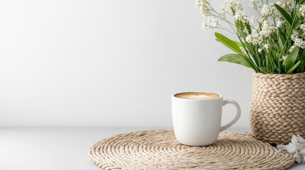 Fototapeta premium Minimal table setting featuring cup of coffee woven mat with flower arrangement, creating serene