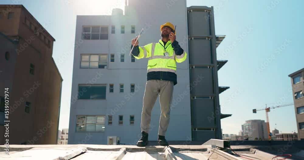 Poster man, construction and talking on radio with clipboard for site inspection, instructions and safety. 