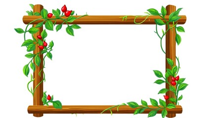 Wooden frame decorated with green leaves and red berries isolated on white background
