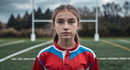 teen Caucasian girl in rugby field background sports concept uniform portrait model photoshoot
