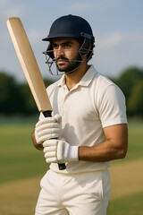 Young player holding bat in cricket match