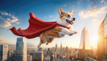 Happy Corgi Superhero Leaping over City Skyline ActionPacked Corgi in Vibrant Costume against Backdrop of Metropolitan Panorama, Perfect for Motivation or Digital Art.