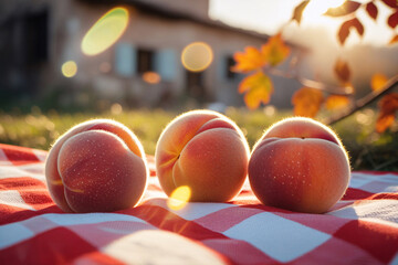 Three Ripe Peaches on a Red and White Checkered Picnic Blanket at Sunset