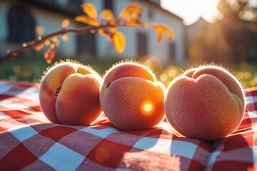 Three ripe peaches on a red and white checkered picnic blanket in sunlight