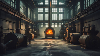 Industrial Interior with Burning Furnace and Vintage Machinery