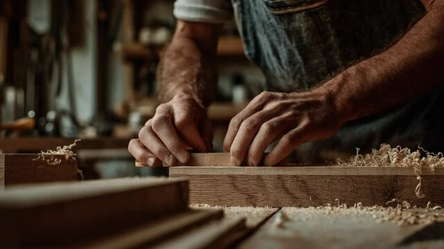Craftsman's Hands: Close-up of a skilled craftsman's hands meticulously shaping a piece of wood with precision tools in a rustic workshop setting.