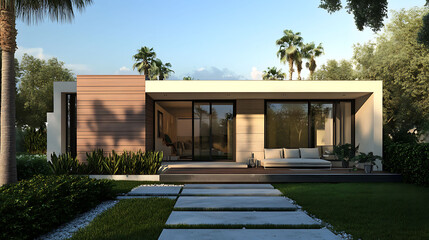small residence in modern style with interior floor plan shown in 3D