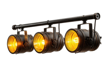 Industrial-style lighting fixture with three spotlights mounted on a metal bar