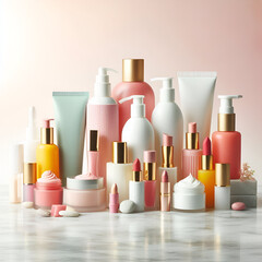 Collection of Beauty Products with Copy Space on Neutral Background