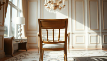 Fototapeta premium Elegant Wooden Chair in a Luxurious Room with Ornate Chandelier - Grand Interior Design