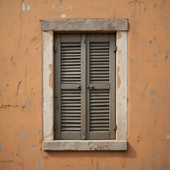 Old closed shutter window on an ocher wall