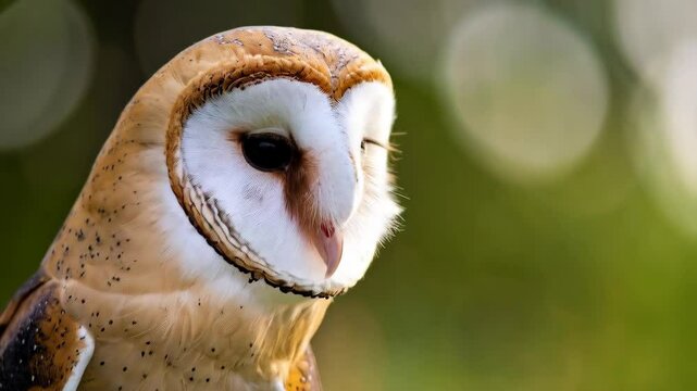 Detailed side portrait of a barn owl with heart-shaped face and speckled plumage, set against a blurred green background.